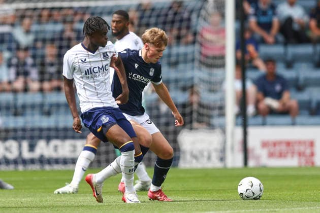 RECORD DATE NOT STATED 18th July 2026; Dens Park, Dundee, Scotland; Friendly Football, Dundee versus Everton; Charley Oosenbrugh of Dundee challenges for the ball with Tyrique George of Everton DavidxYoung