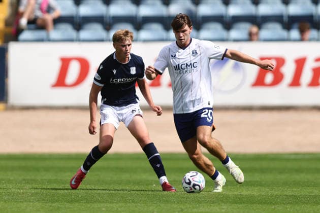 RECORD DATE NOT STATED 18th July 2026; Dens Park, Dundee, Scotland; Friendly Football, Dundee versus Everton; Tyler Dibling of Everton takes on Charley Oosenbrugh of Dundee DavidxYoung