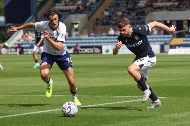 RECORD DATE NOT STATED 18th July 2026; Dens Park, Dundee, Scotland; Friendly Football, Dundee versus Everton; Alan Forrest of Dundee takes on Merlin Rohl of Everton DavidxYoung