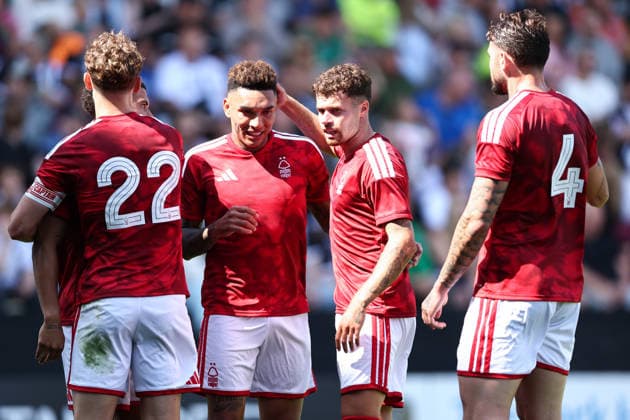 Nottingham, England, 18th July 2026. Igor Jesus of Nottingham Forest celebrates the first goal with Neco Williams of Nottingham Forest during the Notts County vs Nottingham Forest Pre Season Friendly match at Meadow Lane, Nottingham. Picture credit should read: Jake Youle Sportimage EDITORIAL USE ONLY. No use with unauthorised audio, video, data, fixture lists, club league logos or live services. Online in-match use limited to 120 images, no video emulation. No use in betting, games or single club league player publications. SPI_014_JY_Notts_County_Nottm_Forest SPI-4861-0012