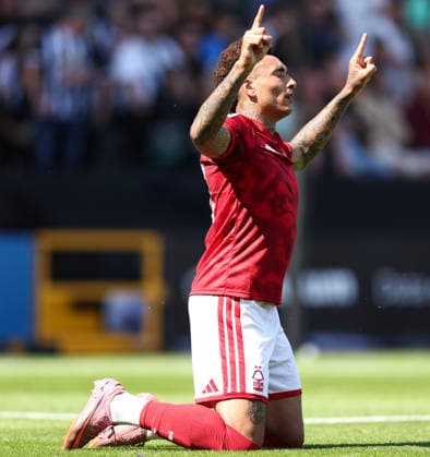 Nottingham, England, 18th July 2026. Igor Jesus of Nottingham Forest celebrates scoring the first goal during the Notts County vs Nottingham Forest Pre Season Friendly match at Meadow Lane, Nottingham. Picture credit should read: Jake Youle Sportimage EDITORIAL USE ONLY. No use with unauthorised audio, video, data, fixture lists, club league logos or live services. Online in-match use limited to 120 images, no video emulation. No use in betting, games or single club league player publications. SPI_015_JY_Notts_County_Nottm_Forest SPI-4861-0013
