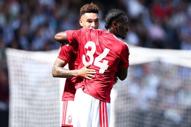 Nottingham, England, 18th July 2026. Igor Jesus of Nottingham Forest celebrates scoring the first goal with Ola Aina of Nottingham Forest during the Notts County vs Nottingham Forest Pre Season Friendly match at Meadow Lane, Nottingham. Picture credit should read: Jake Youle Sportimage EDITORIAL USE ONLY. No use with unauthorised audio, video, data, fixture lists, club league logos or live services. Online in-match use limited to 120 images, no video emulation. No use in betting, games or single club league player publications. SPI_016_JY_Notts_County_Nottm_Forest SPI-4861-0014