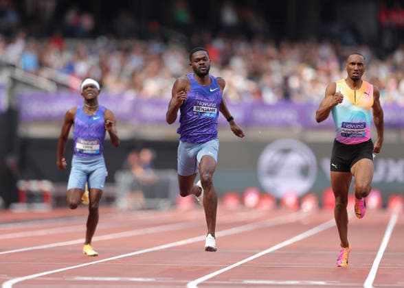 RECORD DATE NOT STATED 18th July 2026; London Stadium, London, England; 2026 Diamond League Novuna London Athletics Meet; Rai Benjamin of Great Britain crossing the finishing line to win the men& x2019;s 400m race beating Matthew Hudson-Smith of Great Britain who came in 2nd place JohnxPatrickxFletcher