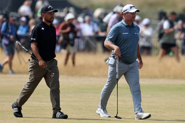 RECORD DATE NOT STATED 18th July 2026; Royal Birkdale Golf Club, Southport, Merseyside, England; The Open Championship Round Three; Ryan Fox (NZ) walks with playing partner Xander Schauffele (USA) on the 18th fairway during his round of 62 DavidxBlunsden