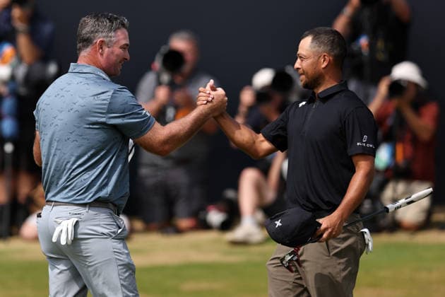 RECORD DATE NOT STATED 18th July 2026; Royal Birkdale Golf Club, Southport, Merseyside, England; The Open Championship Round Three; Ryan Fox (NZ) shakes hands with playing partner Xander Schauffele (USA) after completing his round of 62 DavidxBlunsden