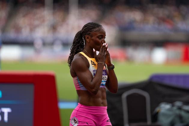 July 18, 2026, London, United Kingdom: Julien Alfred of Saint Lucia celebrates after winning the women s 200m in a meeting record of 21.66 during the Novuna London Athletics Meet at London Stadium. London United Kingdom - ZUMAh209 20260718_zsp_h209_015 Copyright: xAlixHabibx