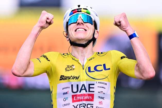 Tour de France 2026 Stage 14 LE MARKSTEIN, FRANCE - JULY 18 : Pogacar Tadej (SLO) of UAE Team Emirates XRG celebrating his victory during stage 14 of the 113rd edition of Tour de France an UCI World Tour 2.UWT cycling road race stage for Men Elite of 155 km with start in Mulhouse and finish in Le Markstein on July 18, 2026 in Le Markstein, France, 18 07 2026 ( Motordriver Kurt Vandenborre - Le Markstein France  Copyright: xPeterxDexVoechtx