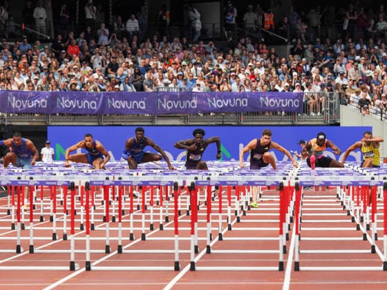 Ja™Kobe Tharp leads out the field in the 110 m hurdles to win during the Diamond League Athletics at the London Stadium, Queen Elizabeth Olympic Park , London, England on 18 July 2026. Copyright: xPhilxHutchinsonx 45280051