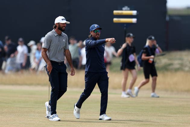 RECORD DATE NOT STATED 18th July 2026; Royal Birkdale Golf Club, Southport, Merseyside, England; The Open Championship Round Three; Max Homa (USA) with playing partner Ricky Fowler (USA) on the 18th hole DavidxBlunsden