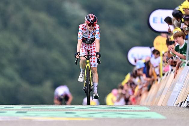 Tour de France 2026 Stage 14 LE MARKSTEIN, FRANCE - JULY 18 : Vingegaard Jonas (DEN) of Team Visma Lease a Bike at the finish line during stage 14 of the 113rd edition of Tour de France an UCI World Tour 2.UWT cycling road race stage for Men Elite of 155 km with start in Mulhouse and finish in Le Markstein on July 18, 2026 in Le Markstein, France, 18 07 2026 ( Motordriver Kurt Vandenborre - Le Markstein France  Copyright: xPeterxDexVoechtx