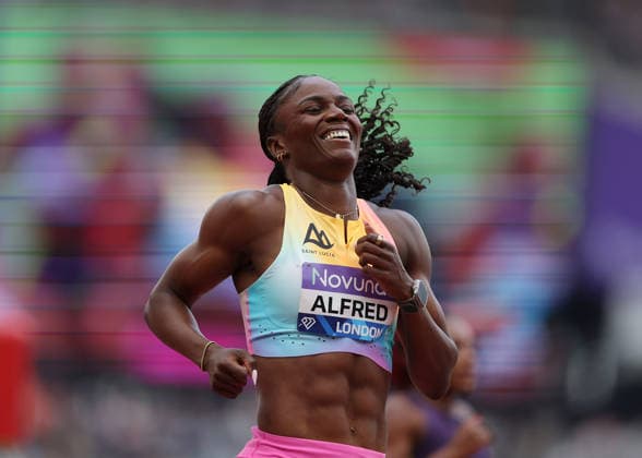 RECORD DATE NOT STATED 18th July 2026; London Stadium, London, England; 2026 Diamond League Novuna London Athletics Meet; Julien Alfred of Saint Lucia celebrates after crossing the finishing line to win the Women& x2019;s 400m race JohnxPatrickxFletcher