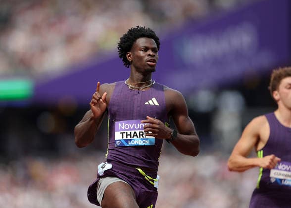 RECORD DATE NOT STATED 18th July 2026; London Stadium, London, England; 2026 Diamond League Novuna London Athletics Meet; Ja& x2019;Kobe Tharp of United States celebrates after winning the men& x2019;s 110m hurdles JohnxPatrickxFletcher