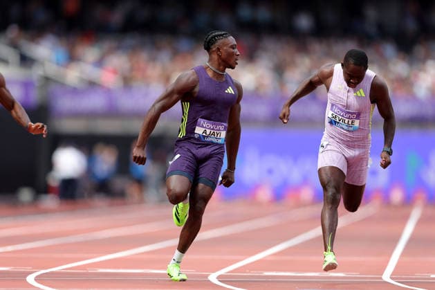 RECORD DATE NOT STATED 18th July 2026; London Stadium, London, England; 2026 Diamond League Novuna London Athletics Meet; Kanyinsola Ajayi of Nigeria celebrates finishing 1st in the men& x2019;s 100m race while looking over his shoulder at Oblique Seville of Jamaica who finished 2nd place JohnxPatrickxFletcher