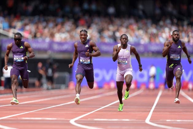 RECORD DATE NOT STATED 18th July 2026; London Stadium, London, England; 2026 Diamond League Novuna London Athletics Meet; Kanyinsola Ajayi of Nigeria finishing 1st in the men& x2019;s 100m race while Oblique Seville of Jamaica who finished 2nd place JohnxPatrickxFletcher