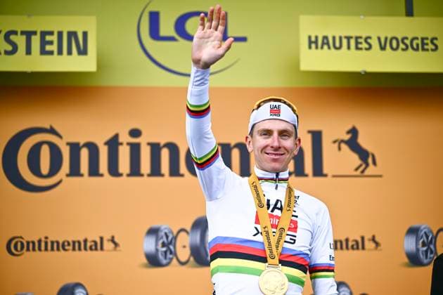 Tour de France 2026 Stage 14 LE MARKSTEIN, FRANCE - JULY 18 : Pogacar Tadej (SLO) of UAE Team Emirates XRG on the podium during stage 14 of the 113rd edition of Tour de France an UCI World Tour 2.UWT cycling road race stage for Men Elite of 155 km with start in Mulhouse and finish in Le Markstein on July 18, 2026 in Le Markstein, France, 18 07 2026 ( Motordriver Kurt Vandenborre - Le Markstein France  Copyright: xGvgx