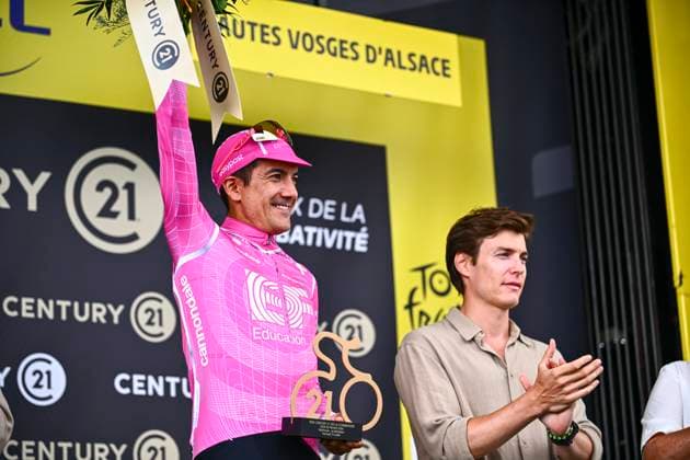 Tour de France 2026 Stage 14 LE MARKSTEIN, FRANCE - JULY 18 : Carapaz Richard (ECU) of EF Education EasyPost on the podium most combative rider of the day during stage 14 of the 113rd edition of Tour de France an UCI World Tour 2.UWT cycling road race stage for Men Elite of 155 km with start in Mulhouse and finish in Le Markstein on July 18, 2026 in Le Markstein, France, 18 07 2026 ( Motordriver Kurt Vandenborre - Le Markstein France  Copyright: xGvgx