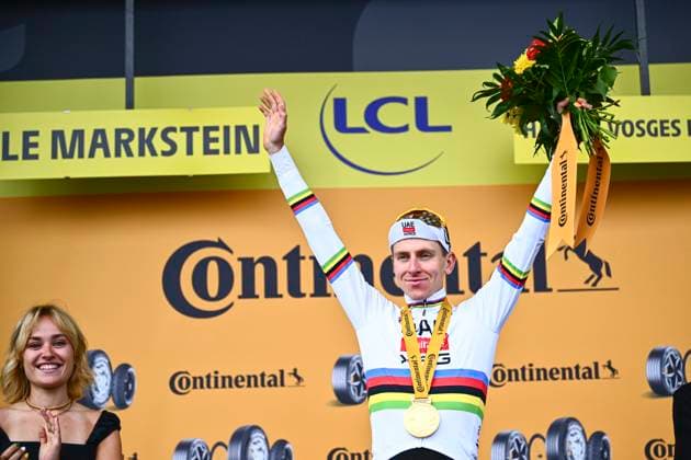 Tour de France 2026 Stage 14 LE MARKSTEIN, FRANCE - JULY 18 : Pogacar Tadej (SLO) of UAE Team Emirates XRG on the podium during stage 14 of the 113rd edition of Tour de France an UCI World Tour 2.UWT cycling road race stage for Men Elite of 155 km with start in Mulhouse and finish in Le Markstein on July 18, 2026 in Le Markstein, France, 18 07 2026 ( Motordriver Kurt Vandenborre - Le Markstein France  Copyright: xGvgx