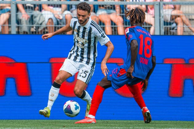 BASEL, SWITZERLAND - JULY 18: Joao Mario Neto Lopes of Juventus L) controls the ball against Asane Sow of Basel R) during the pre-season friendly match between FC Basel 1893 and Juventus at St. Jakob Stadium on July 18, 2026 in Basel, Switzerland. *** BASEL, SWITZERLAND, JULY 18 — Joao Mario Neto Lopes of Juventus (left) controls the ball against Asane Sow of Basel (right) during the preseason friendly match between FC Basel 1893 and Juventus at St. Jakob Stadium on July 18, 2026, in Basel, Switzerland Copyright: xJustPictures.ch PascalxvonxBürenx jp-en-EuSpIm-Pavo_Fotografie-06208