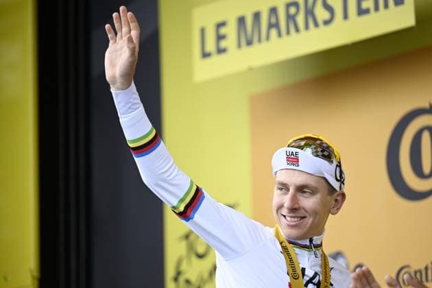 Slovenian Tadej Pogacar of UAE Team Emirates XRG celebrates on the podium after winning stage 14 of the 2026 Tour de France cycling race, a stage of 155km from Mulhouse to Le Markstein Fellering, on Saturday 18 July 2026. The 113th edition of the Tour de France starts on Saturday 4 July in Barcelona, Spain, and will finish in Paris, France on the 26th of July. JASPERxJACOBS  x181427476x