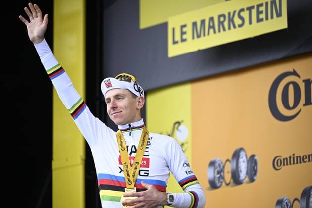 Slovenian Tadej Pogacar of UAE Team Emirates XRG celebrates on the podium after winning stage 14 of the 2026 Tour de France cycling race, a stage of 155km from Mulhouse to Le Markstein Fellering, on Saturday 18 July 2026. The 113th edition of the Tour de France starts on Saturday 4 July in Barcelona, Spain, and will finish in Paris, France on the 26th of July. JASPERxJACOBS  x181427541x