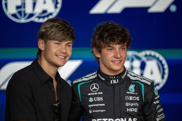 Belgian Moto2 pilot Barry Balthus and Mercedes Italian rider Kimi Antonelli are pictured after the qualification session ahead of the Grand Prix F1 of Belgium race, in Spa-Francorchamps, Saturday 18 July 2026. The Spa-Francorchamps Formula One Grand Prix takes place this weekend, from July 17th to July 19th. JONASxROOSENS  x181427703x