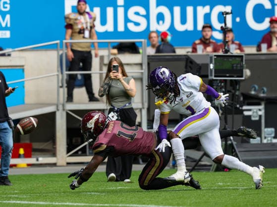 Inkomplettepass 10 Harlan Kwofie (Wide Receiver) Rhein Fire Rhein Fire vs Vienna Vikings, American Football, American Football League Europe, Week 9, 2026, 18.07.2026, Duisburg Schauinsland-Reisen-Arena Germany Copyright: xFootxBowl ChristopherxMettkenx