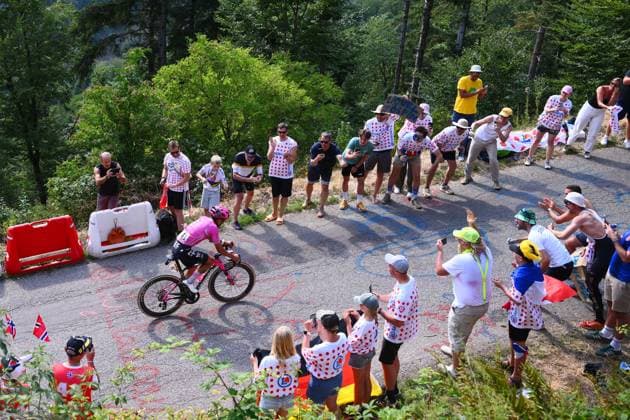 Ecuadorian Richard Carapaz of EF Education-EasyPost pictured in action during stage 14 of the 2026 Tour de France cycling race, a stage of 155km from Mulhouse to Le Markstein Fellering, on Saturday 18 July 2026. The 113th edition of the Tour de France starts on Saturday 4 July in Barcelona, Spain, and will finish in Paris, France on the 26th of July. POOLxGREGORYxVANxGANSEN  x181428325x