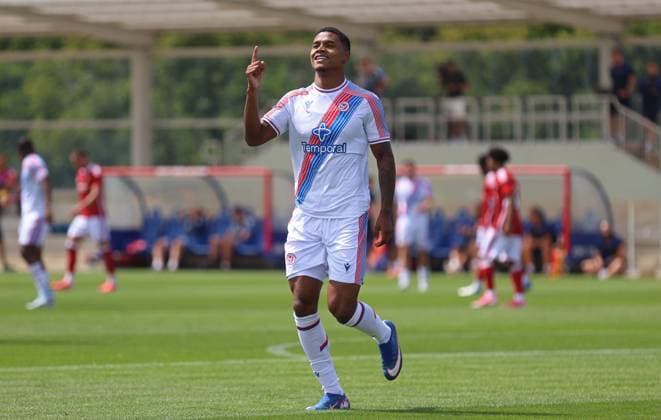 Pre Season Friendly - Crystal Palace v Swindon Town LONDON, ENGLAND, JULY 18: GOAL 5-1, Matheus Franca of Crystal Palace goal celebration after scoring a goal to put Crystal Palace 5-1 ahead during the Pre Season Friendly match between Crystal Palace FC v Swindon Town FC at Crystal Palace Training Ground, Beckenham, London, on 18 July. (Photo by Daniel Weir) London Crystal Palace Training Ground United Kingdom Copyright: xDanielxWeir SportsxPressxPhotox Sportspressphoto_SPR192610