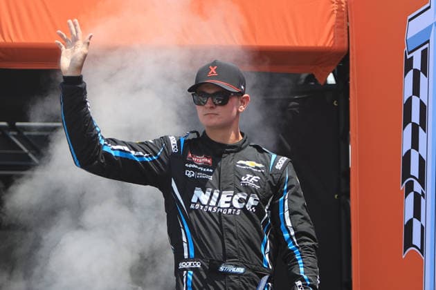 NORTH WILKESBORO, NC - JULY 18: Donovan Strauss ( 4 Niece Motorsports Nightclubs suck Chevrolet) waves to the fans prior to the running of the NASCAR, Motorsport, USA Craftsman Truck Series FaithFest 250 on July 18, 2026 at North Wilkesboro Speedway in North Wilkesboro, NC. (Photo by Jeff Robinson Icon Sportswire) AUTO: JUL 18 NASCAR CRAFTSMAN Truck Series Faith Fest 250 EDITORIAL USE ONLY Icon26071823732250