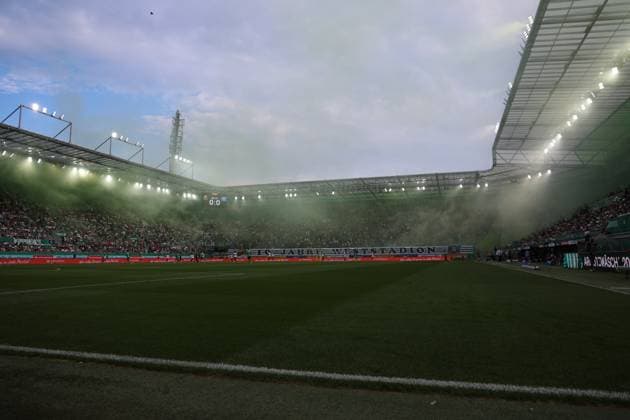 18.July.2026 – SOCCER – FRIENDLY TEST GAME(MEN) - Rapid Wien (Austria) vs HSV (Germany) General view of the stadium before kickoff with green and white flares in the stands. VIENNA VIENNA, AUSTRIA – Allianz Stadion SK Rapid Wien Allianz Stadion AUSTRIA