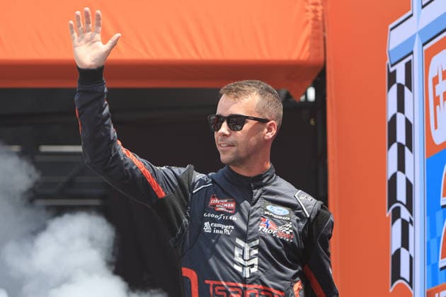 NORTH WILKESBORO, NC - JULY 18: Ben Rhodes ( 99 ThorSport Racing Ford) waves to the fans prior to the running of the NASCAR, Motorsport, USA Craftsman Truck Series FaithFest 250 on July 18, 2026 at North Wilkesboro Speedway in North Wilkesboro, NC. (Photo by Jeff Robinson Icon Sportswire) AUTO: JUL 18 NASCAR CRAFTSMAN Truck Series Faith Fest 250 EDITORIAL USE ONLY Icon26071823967250
