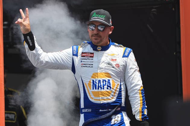 NORTH WILKESBORO, NC - JULY 18: Daniel Hemrick ( 19 McAnally Hilgermann Racing Arnott Suspension Products Chevrolet) waves to the fans prior to the running of the NASCAR, Motorsport, USA Craftsman Truck Series FaithFest 250 on July 18, 2026 at North Wilkesboro Speedway in North Wilkesboro, NC. (Photo by Jeff Robinson Icon Sportswire) AUTO: JUL 18 NASCAR CRAFTSMAN Truck Series Faith Fest 250 EDITORIAL USE ONLY Icon26071823982250