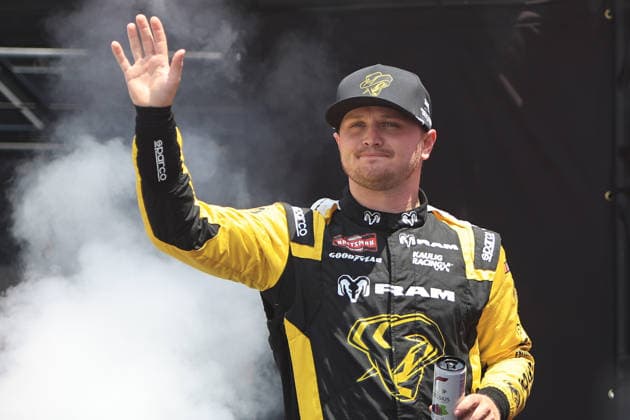 NORTH WILKESBORO, NC - JULY 18: Justin Haley ( 16 Kaulig Racing RAM) waves to the fans prior to the running of the NASCAR, Motorsport, USA Craftsman Truck Series FaithFest 250 on July 18, 2026 at North Wilkesboro Speedway in North Wilkesboro, NC. (Photo by Jeff Robinson Icon Sportswire) AUTO: JUL 18 NASCAR CRAFTSMAN Truck Series Faith Fest 250 EDITORIAL USE ONLY Icon26071824181250