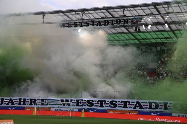 18.July.2026 – SOCCER – FRIENDLY TEST GAME(MEN) - Rapid Wien (Austria) vs HSV (Germany) General view of the stadium before kickoff with green and white flares in the stands. VIENNA VIENNA, AUSTRIA – Allianz Stadion SK Rapid Wien Allianz Stadion AUSTRIA