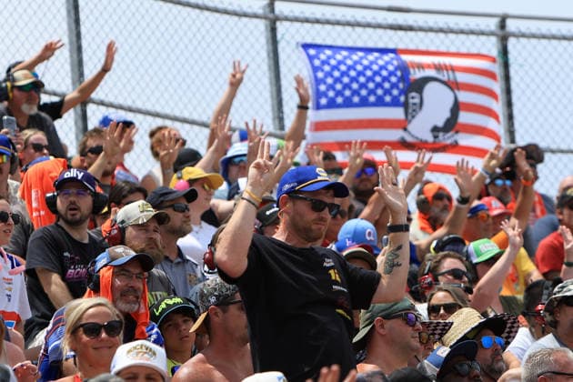 NORTH WILKESBORO, NC - JULY 18: Race fans hold up 8 fingers for the late Kyle Busch on lap 8 during the running of the NASCAR, Motorsport, USA Craftsman Truck Series FaithFest 250 on July 18, 2026 at North Wilkesboro Speedway in North Wilkesboro, NC. (Photo by Jeff Robinson Icon Sportswire) AUTO: JUL 18 NASCAR CRAFTSMAN Truck Series Faith Fest 250 EDITORIAL USE ONLY Icon26071824693250