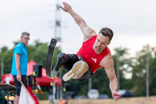 LEVERKUSEN, GERMANY - JULY 18, 2026 : Markus Rehm (GER TSV Bayer o4 Leverkusen) competing in the long jump during the Para Heimspiel 7.0 at Fritz Jacobi Sports Complex on July 18, 2026 in Leverkusen, Germany. Northrhine-Westphalia Germany Copyright: xAxelxKohringx