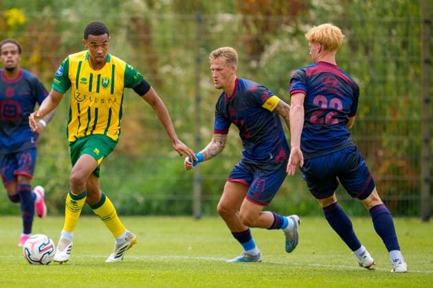 ROOSENDAAL , 18-07-2026 , Sportpark Hulsdonk , season 2026 2027 , Dutch Vrienden Loterij Eredivisie , Pre season match between KV Mechelen and ADO Den Haag picture shows ADO Den Haag player Jesse Bal and KV Mechelen player Lovro Golic KV Mechelen - ADO Den Haag (friendly)  x205093830x Copyright:
