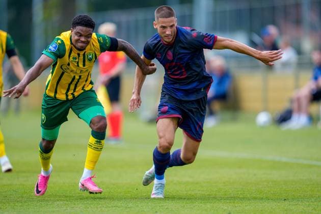 ROOSENDAAL , 18-07-2026 , Sportpark Hulsdonk , season 2026 2027 , Dutch Vrienden Loterij Eredivisie , Pre season match between KV Mechelen and ADO Den Haag picture shows ADO Den Haag player Nigel Thomas and KV Mechelen player Massimo Decoene KV Mechelen - ADO Den Haag (friendly)  x205093929x Copyright: