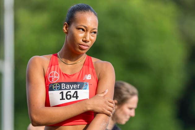 LEVERKUSEN, GERMANY - JULY: Edna Eze (GER TSV Bayer o4 Leverkusen) reacts in the long jump during the Para Heimspiel 7.0 at Fritz Jacobi Sports Complex on July 18, 2026 in Leverkusen, Germany. Northrhine-Westphalia Germany Copyright: xAxelxKohringx