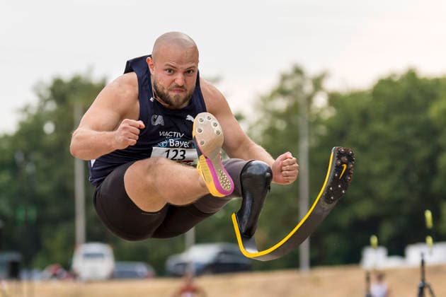 LEVERKUSEN, GERMANY - JULY 18, 2026 : Noah Bodelier (GER Cologne Athletics) competes in the long jump during the Para Heimspiel 7.0 at Fritz Jacobi Sports Complex on July 18, 2026 in Leverkusen, Germany. Northrhine-Westphalia Germany Copyright: xAxelxKohringx