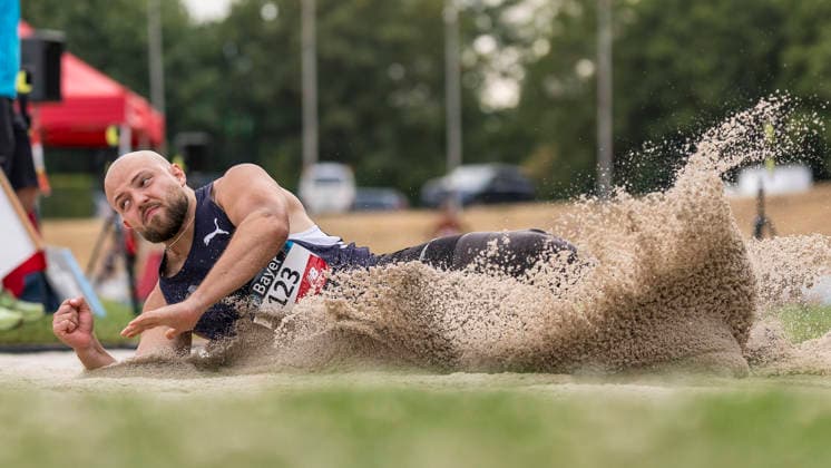 LEVERKUSEN, GERMANY - JULY 18, 2026 : Noah Bodelier (GER Cologne Athletics) competes in the long jump during the Para Heimspiel 7.0 at Fritz Jacobi Sports Complex on July 18, 2026 in Leverkusen, Germany. Northrhine-Westphalia Germany Copyright: xAxelxKohringx