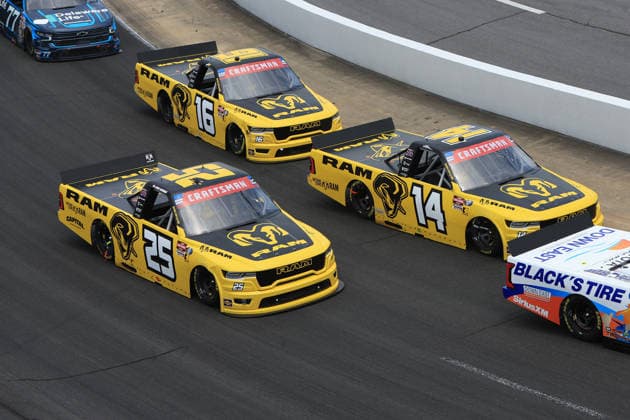 NORTH WILKESBORO, NC - JULY 18: Ryan Newman ( 25 Kaulig Racing RAM) leads Mini Tyrrell ( 14 Kaulig Racing RAM) and Justin Haley ( 16 Kaulig Racing RAM) in turn 4 during the running of the NASCAR, Motorsport, USA Craftsman Truck Series FaithFest 250 on July 18, 2026 at North Wilkesboro Speedway in North Wilkesboro, NC. (Photo by Jeff Robinson Icon Sportswire) AUTO: JUL 18 NASCAR CRAFTSMAN Truck Series Faith Fest 250 EDITORIAL USE ONLY Icon26071825101250