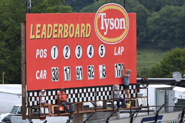 NORTH WILKESBORO, NC - JULY 18: A track worker changes the lap numbers on the Leaderboard outside turn 3 during the running of the NASCAR, Motorsport, USA Craftsman Truck Series FaithFest 250 on July 18, 2026 at North Wilkesboro Speedway in North Wilkesboro, NC. (Photo by Jeff Robinson Icon Sportswire) AUTO: JUL 18 NASCAR CRAFTSMAN Truck Series Faith Fest 250 EDITORIAL USE ONLY Icon26071825190250