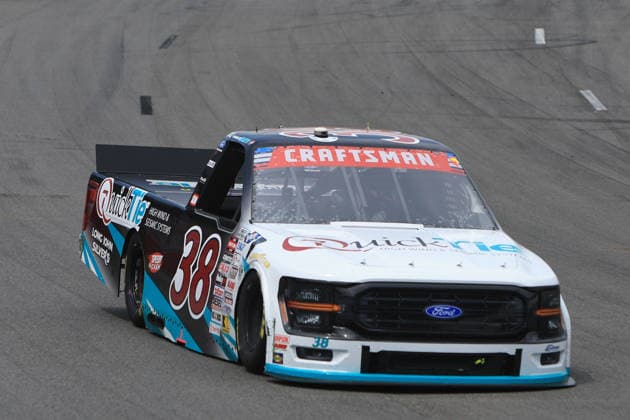 NORTH WILKESBORO, NC - JULY 18: Chandler Smith ( 38 Front Row Motorsports QuickTie Ford) drives into turn 1 during the NASCAR, Motorsport, USA Craftsman Truck Series FaithFest 250 on July 18, 2026 at North Wilkesboro Speedway in North Wilkesboro, NC. (Photo by Jeff Robinson Icon Sportswire) AUTO: JUL 18 NASCAR CRAFTSMAN Truck Series Faith Fest 250 EDITORIAL USE ONLY Icon26071825586250