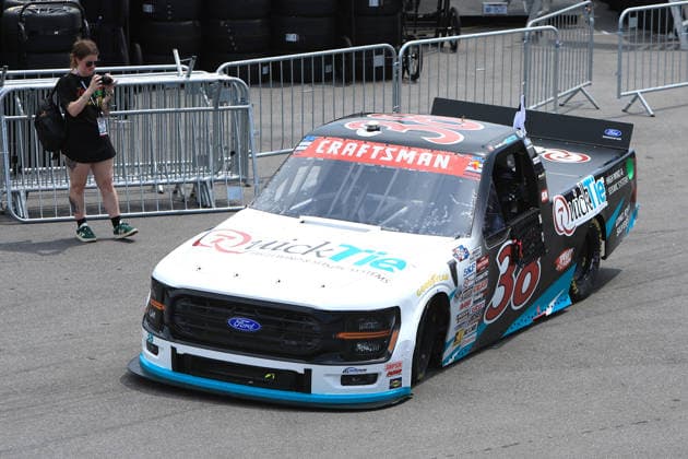 NORTH WILKESBORO, NC - JULY 18: Chandler Smith ( 38 Front Row Motorsports QuickTie Ford) celebrates after winning the NASCAR, Motorsport, USA Craftsman Truck Series FaithFest 250 on July 18, 2026 at North Wilkesboro Speedway in North Wilkesboro, NC. (Photo by Jeff Robinson Icon Sportswire) AUTO: JUL 18 NASCAR CRAFTSMAN Truck Series Faith Fest 250 EDITORIAL USE ONLY Icon26071826159250