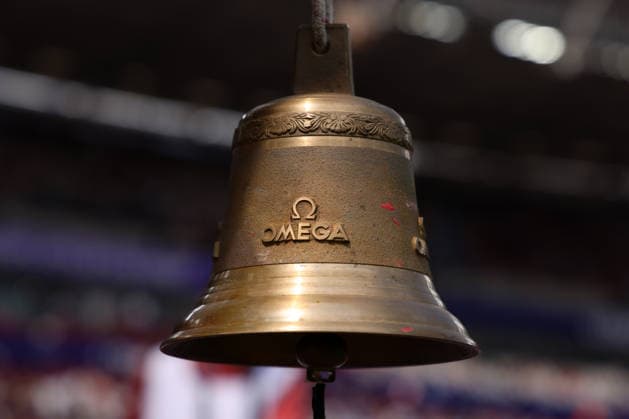 RECORD DATE NOT STATED 18th July 2026; London Stadium, London, England; 2026 Diamond League Novuna London Athletics Meet; Omega Brass Bell next to the finishing line JohnxPatrickxFletcher