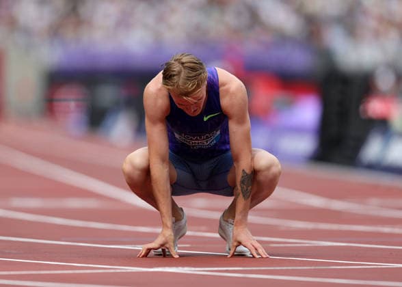 RECORD DATE NOT STATED 18th July 2026; London Stadium, London, England; 2026 Diamond League Novuna London Athletics Meet; Tobias Gronstad of Norway looking disappointed finishing 9th in the 800m race JohnxPatrickxFletcher