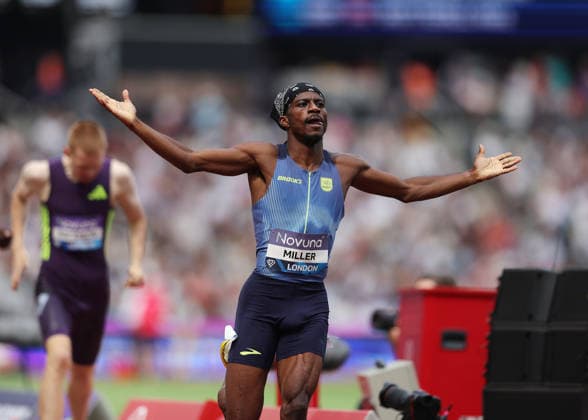 RECORD DATE NOT STATED 18th July 2026; London Stadium, London, England; 2026 Diamond League Novuna London Athletics Meet; Brandon Miller of United States celebrates winning the men& x2019;s 800m race JohnxPatrickxFletcher