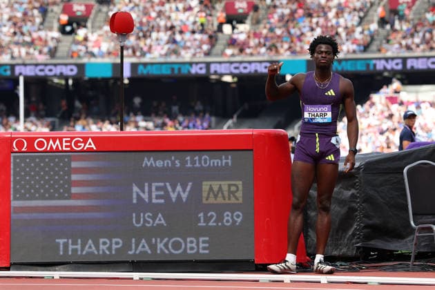 RECORD DATE NOT STATED 18th July 2026; London Stadium, London, England; 2026 Diamond League Novuna London Athletics Meet; Ja& x2019;Kobe Tharp of United States celebrates after winning the men& x2019;s 110m hurdles alongside the Meeting Record JohnxPatrickxFletcher