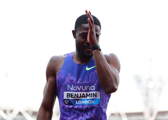 RECORD DATE NOT STATED 18th July 2026; London Stadium, London, England; 2026 Diamond League Novuna London Athletics Meet; Rai Benjamin of United States celebrates towards photographers after finishing 1st place in the men& x2019;s 400m race JohnxPatrickxFletcher